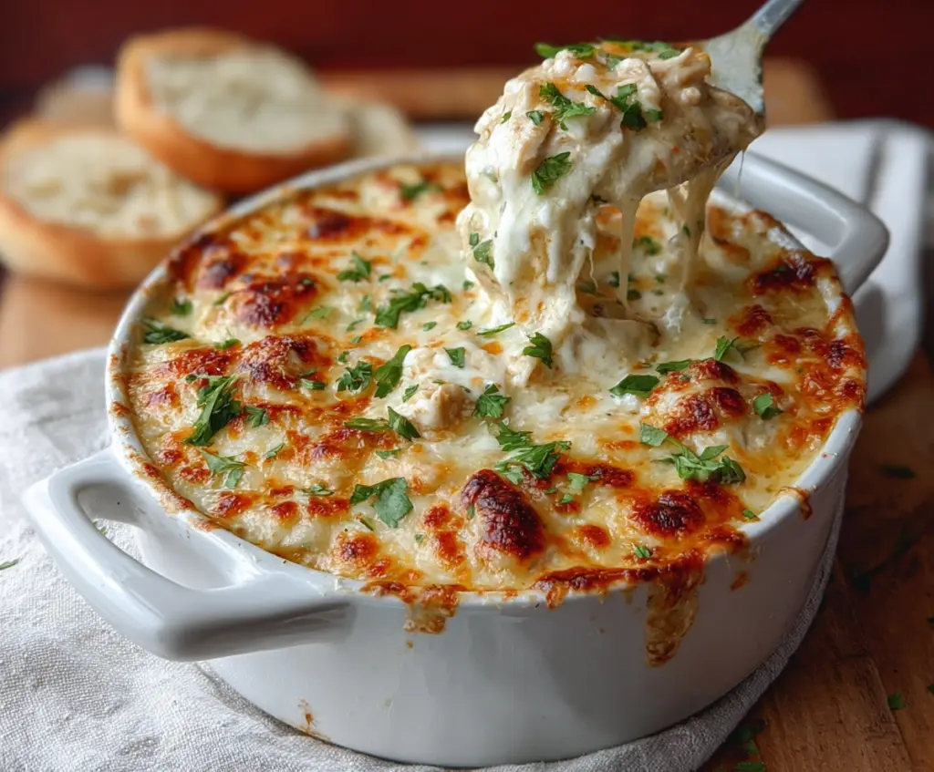 Comforting White Chicken Chili Cottage Cheese Winter Bake in a baking dish