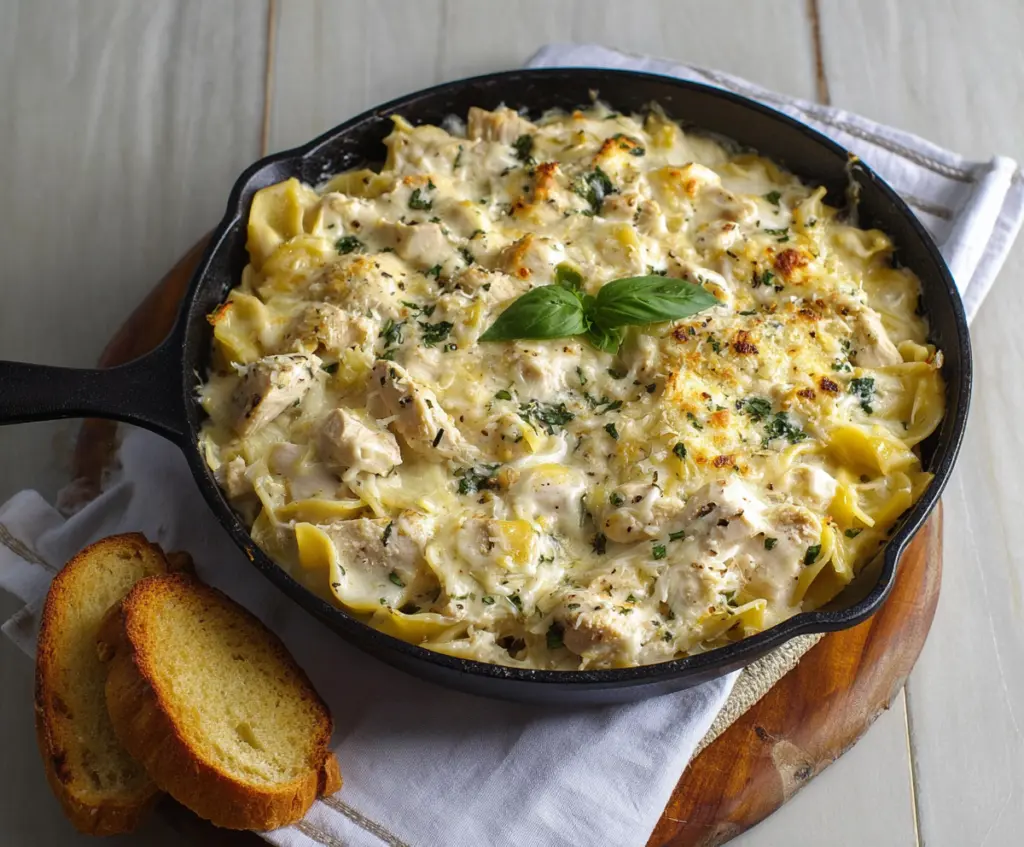 Creamy White Chicken Skillet Lasagna in a skillet with melted cheese and herbs.