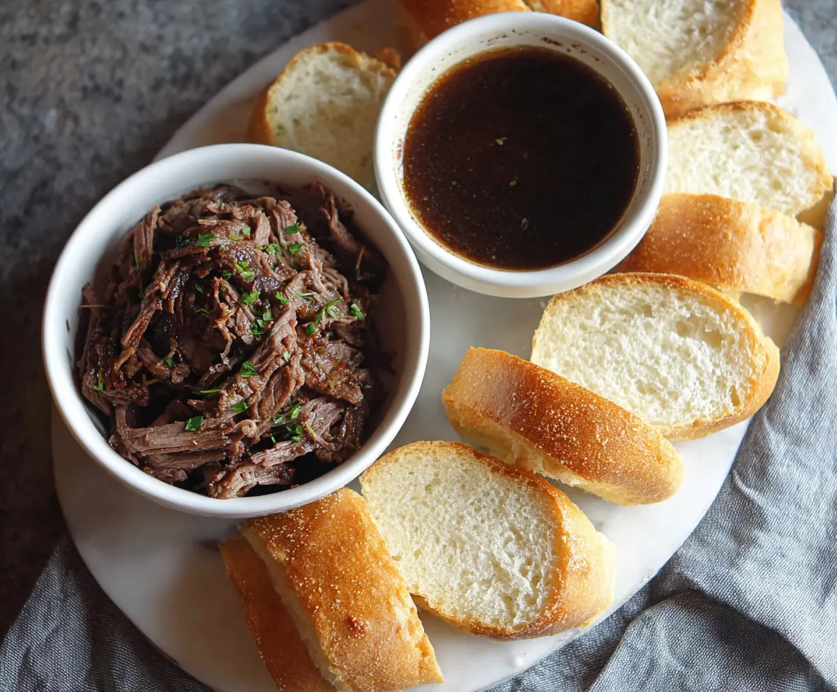 Delicious 5 Ingredient Beef Dip served in a bowl with fresh herbs