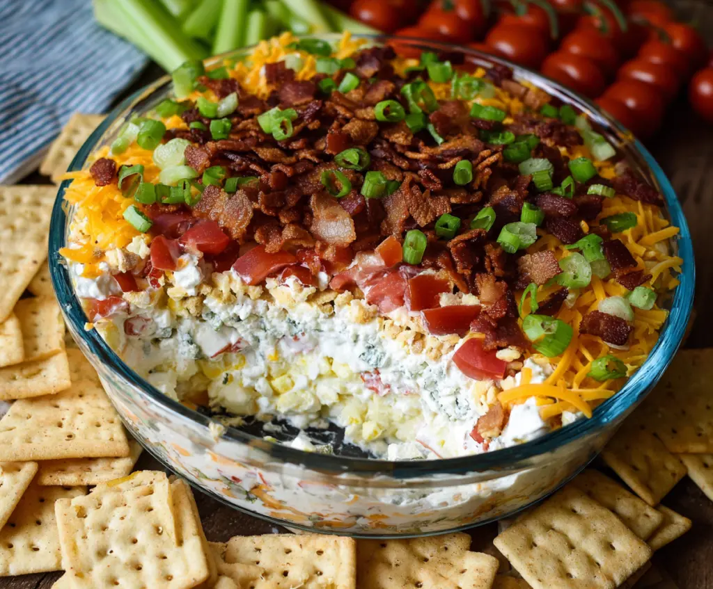 Delicious 7 Layer Cobb Salad Dip in a bowl, featuring vibrant layers of fresh vegetables, cheese, and bacon.