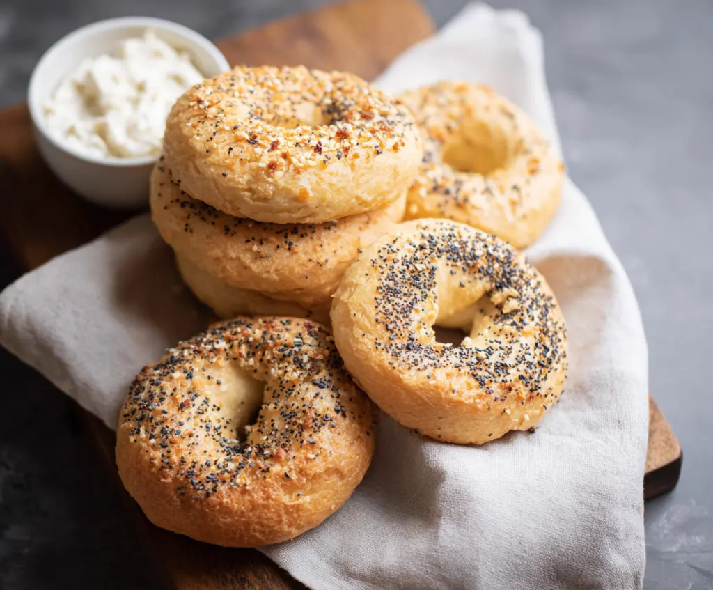 Delicious homemade almond flour Greek yogurt bagels with a golden crust and soft interior.