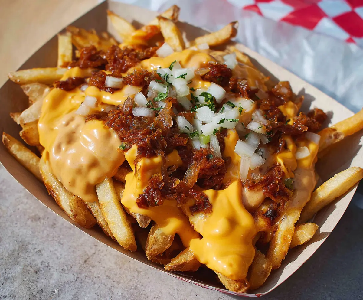 Delicious Animal Style Fries with melted cheese, cheese sauce, and crispy toppings served on a plate.