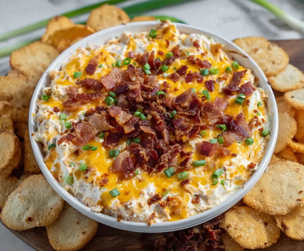Delicious Bacon Cheddar Crack Dip served in a bowl with crispy bacon pieces on top.