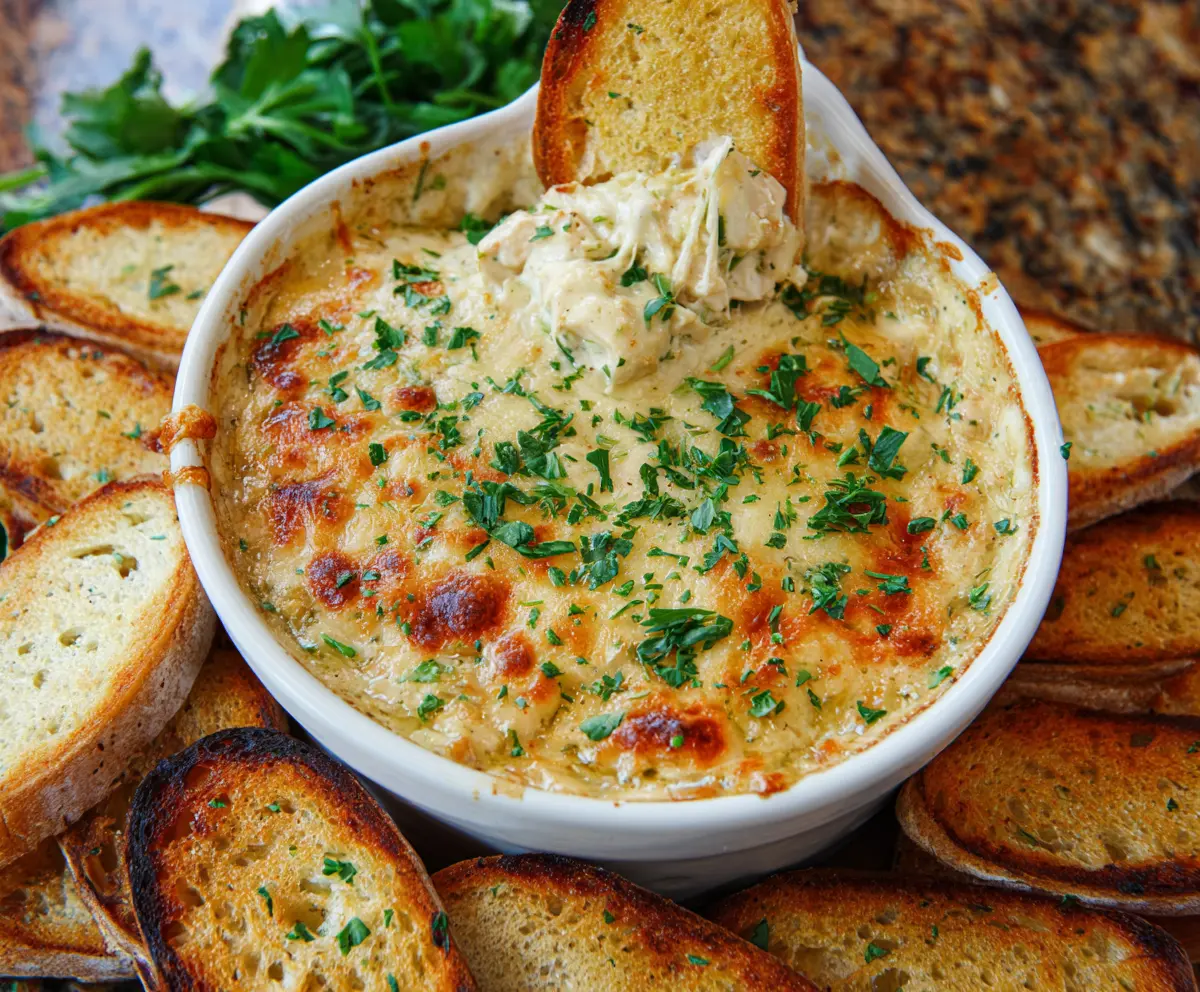 Creamy baked chicken Alfredo dip served with crispy baguette slices, perfect for parties or gatherings.