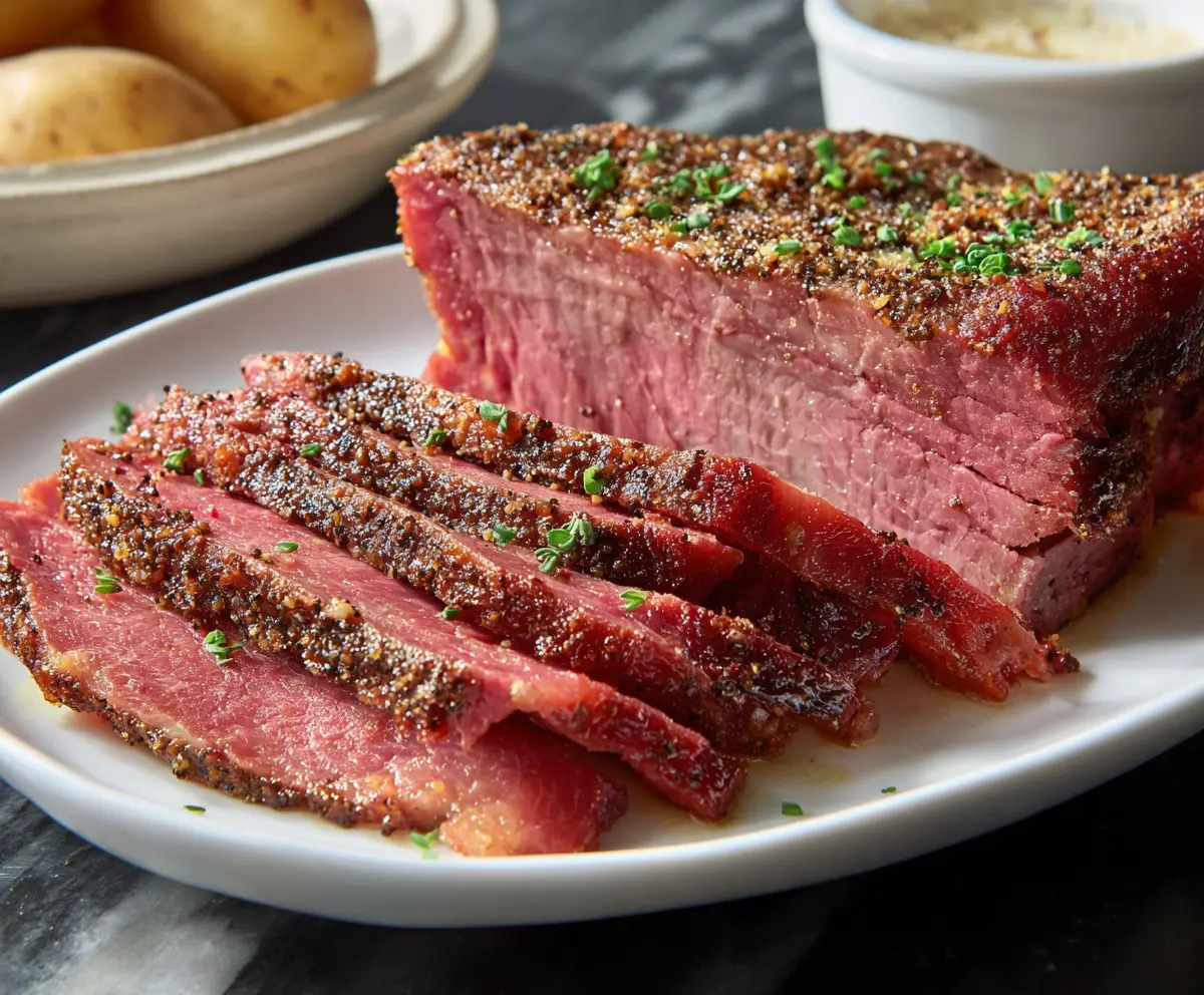 Delicious baked corned beef brisket served with vegetables and savory gravy.