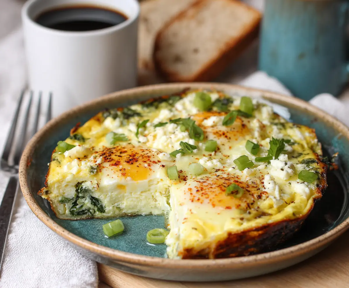 Delicious baked cottage cheese eggs served on a plate, garnished with fresh herbs.