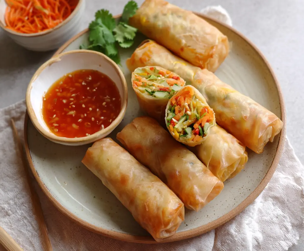 Crispy vegetable spring rolls with colorful fillings, served with a spicy dipping sauce.