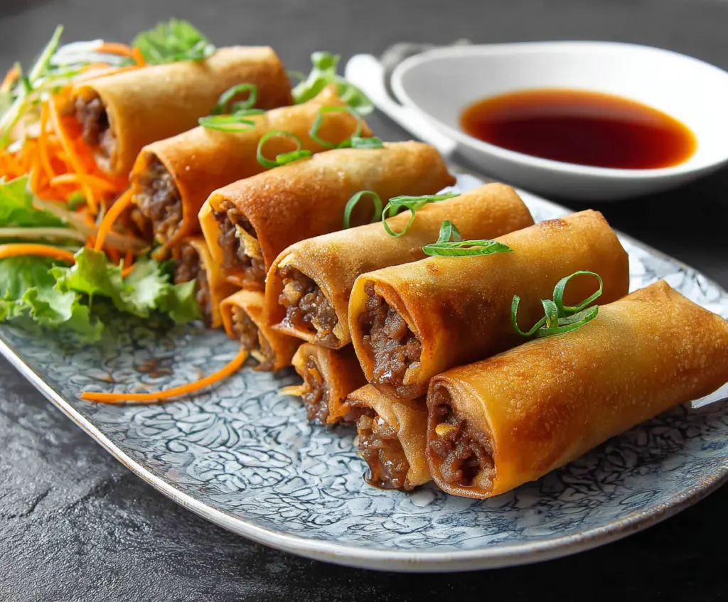 Crispy beef spring rolls served with dipping sauce on a white plate.