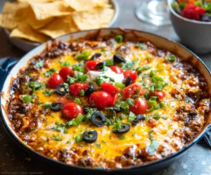 Delicious beefy taco dip with melted cheese, seasoned ground beef, and fresh toppings in a bowl.