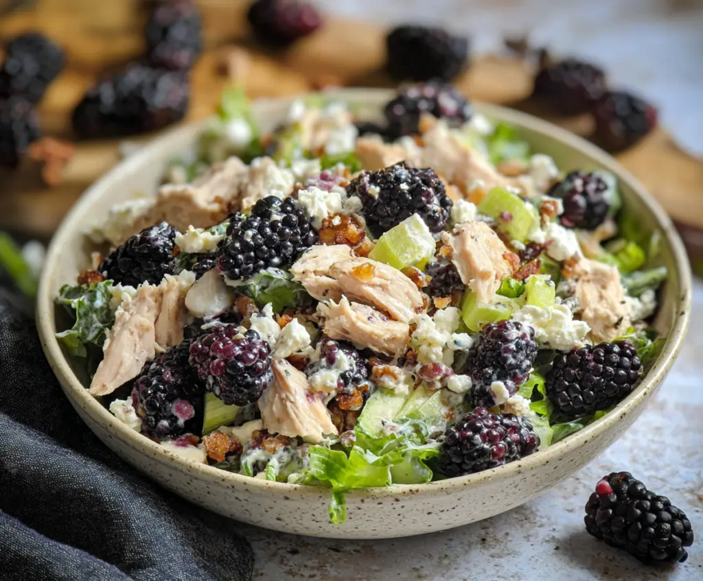 Delicious Blackberry Cottage Cheese Chicken Salad in a bowl, showcasing fresh blackberries, cottage cheese, and tender chicken pieces.