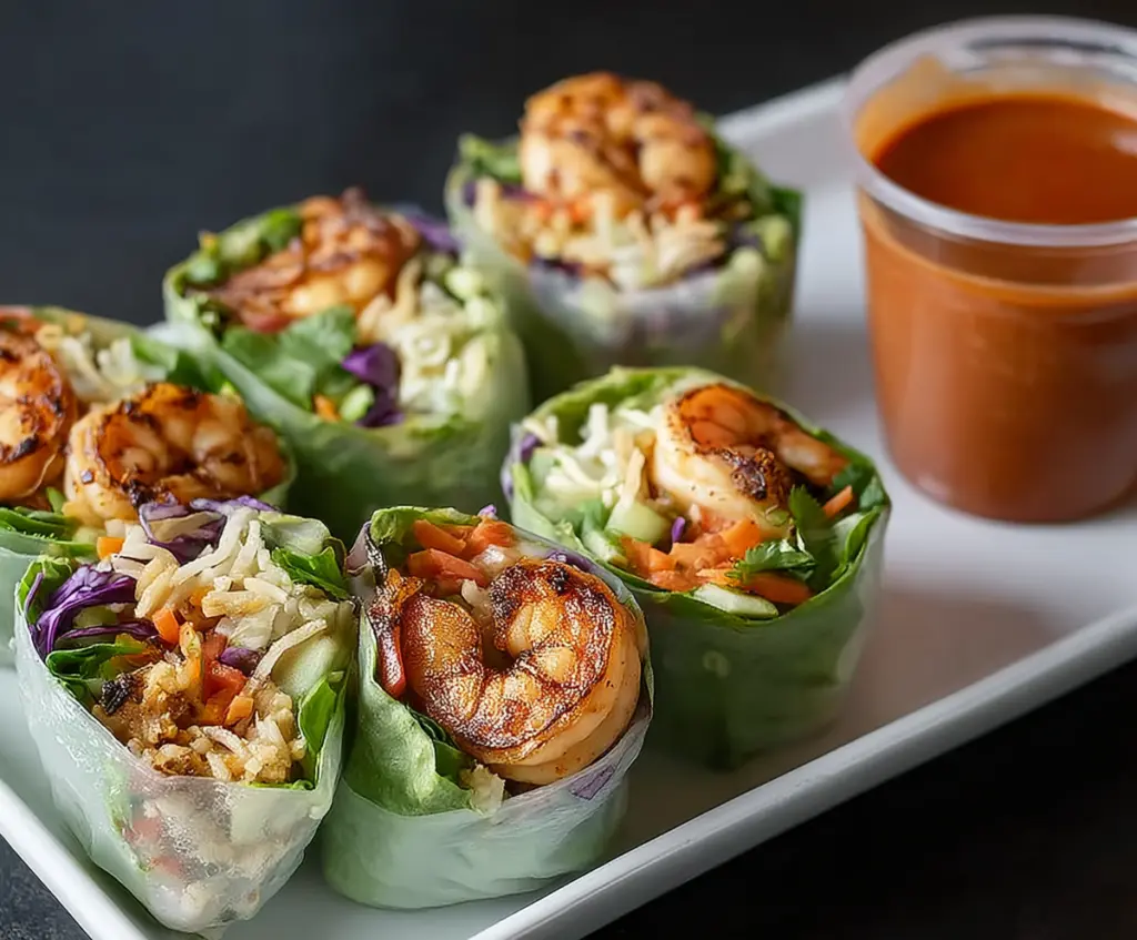 Delicious blackened shrimp spring rolls with fresh vegetables and herbs.
