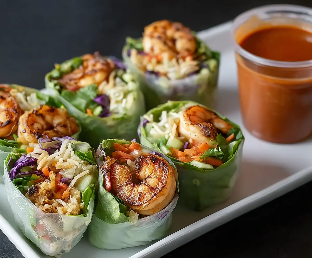 Delicious blackened shrimp spring rolls with fresh vegetables and herbs.
