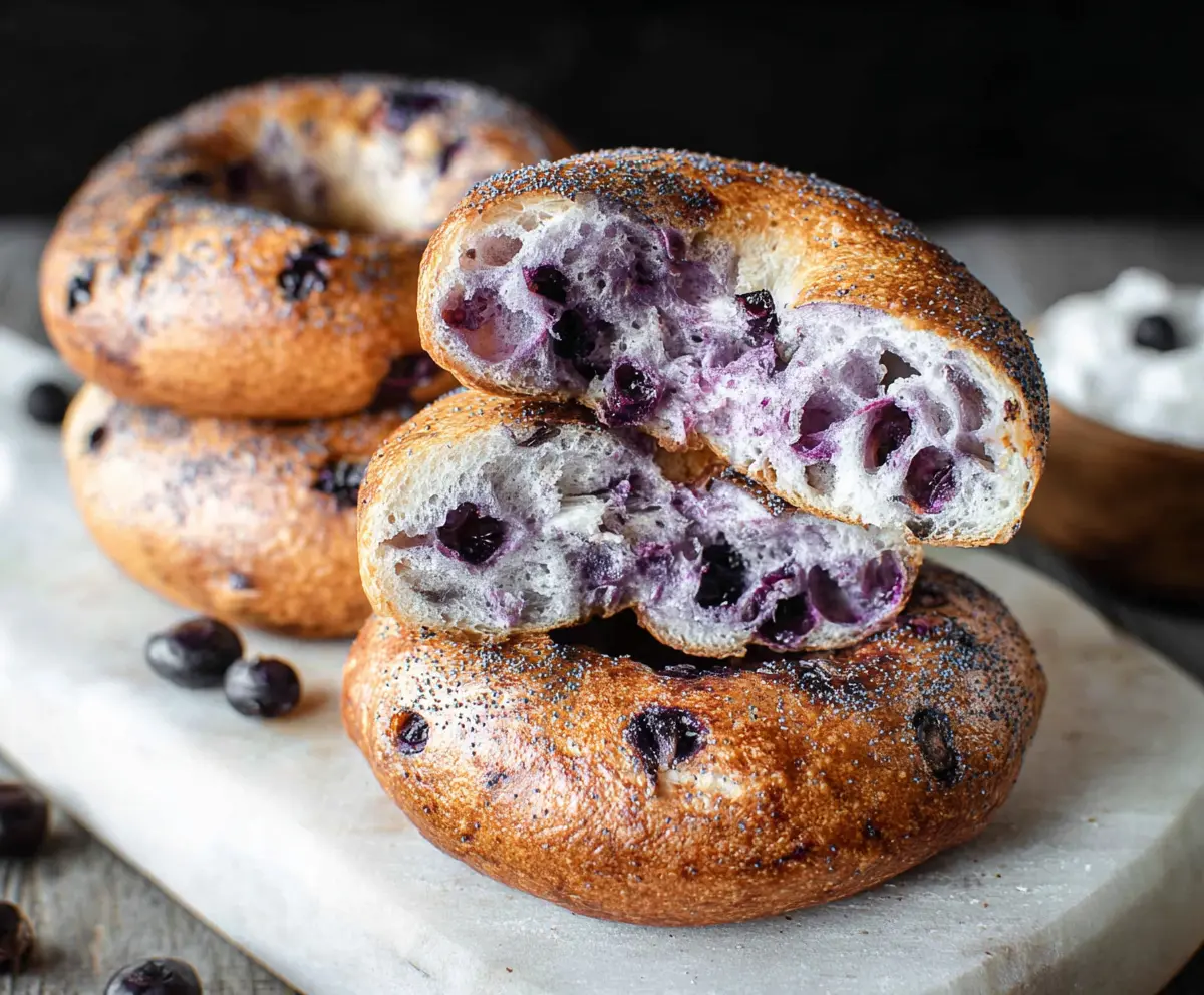 Fresh blueberry bagels with a shiny crust and plump blueberries inside, perfect for breakfast.
