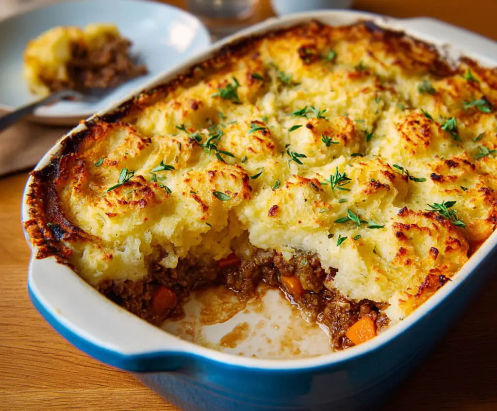 Delicious British Shepherd's Pie with mashed potatoes and ground meat served in a baking dish.
