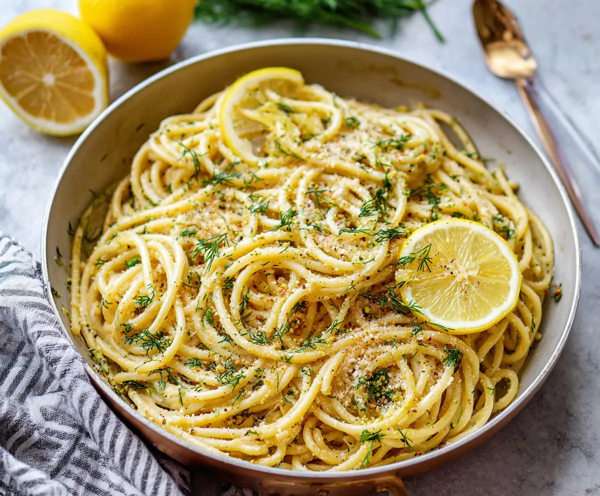 Delicious browned butter lemon dill pasta served in a stylish bowl, showcasing a fresh and vibrant dish.