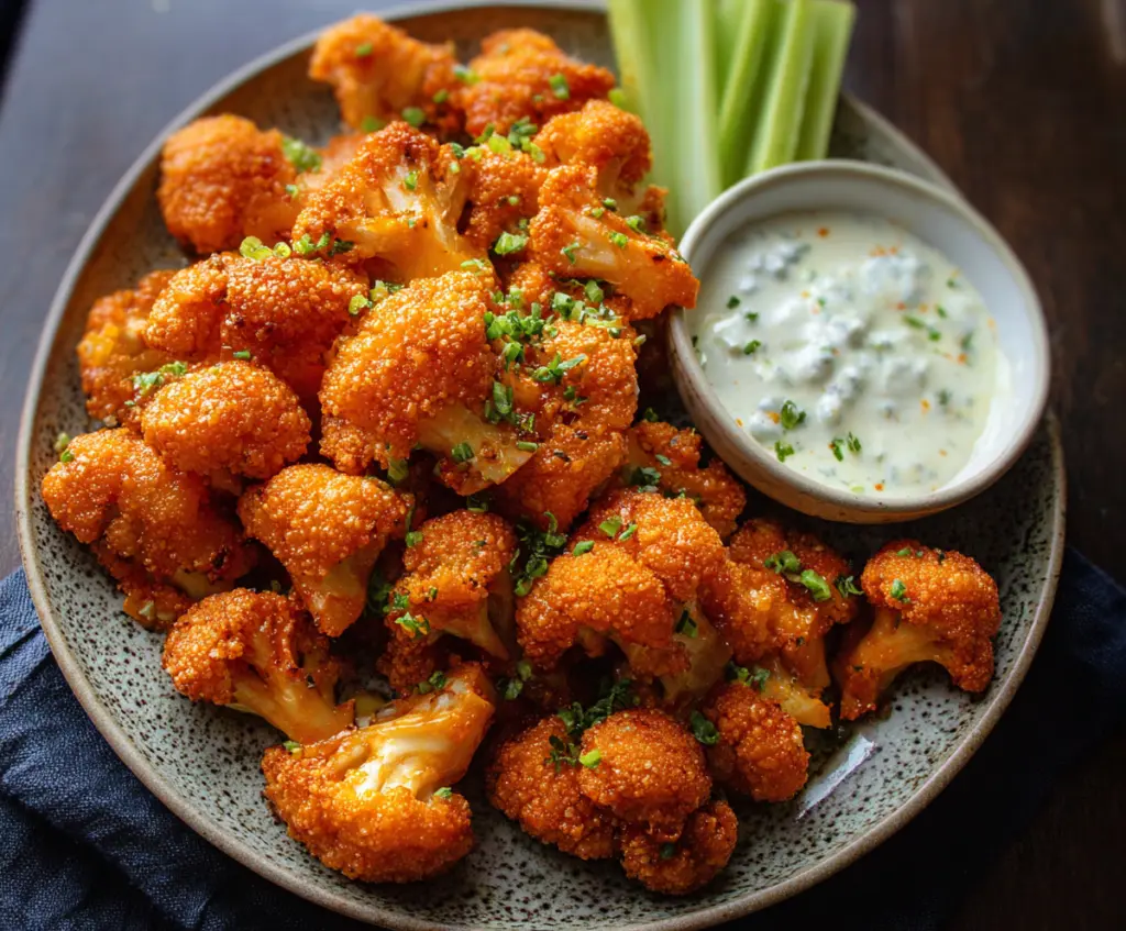 Delicious crispy Buffalo Cauliflower Bites served with blue cheese dip on a white plate.
