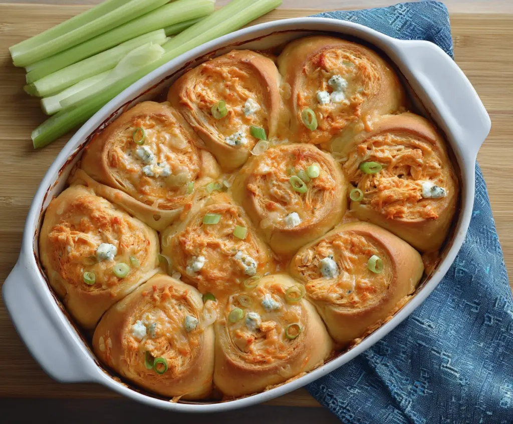 Delicious Buffalo Chicken Crescent Roll Bake with melted cheese and crispy edges, perfect for a sharing appetizer.