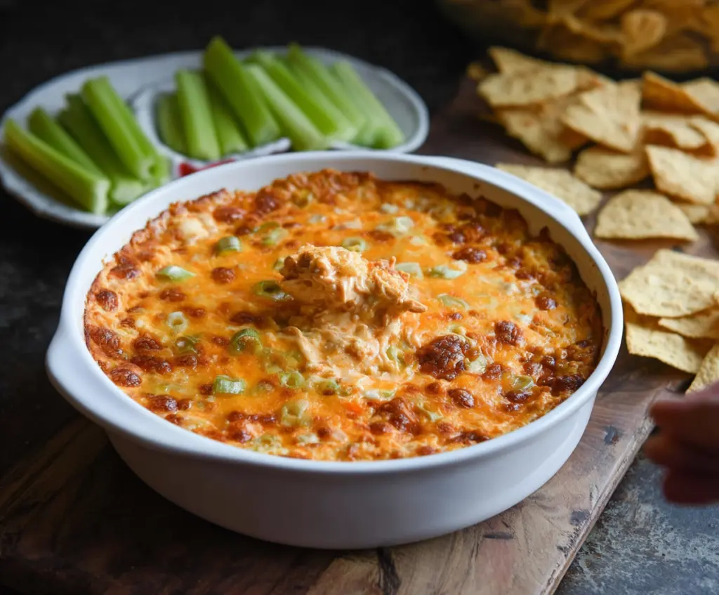 Creamy Buffalo Chicken Dip with shredded chicken, spicy buffalo sauce, and melted cheese served as a delicious appetizer.