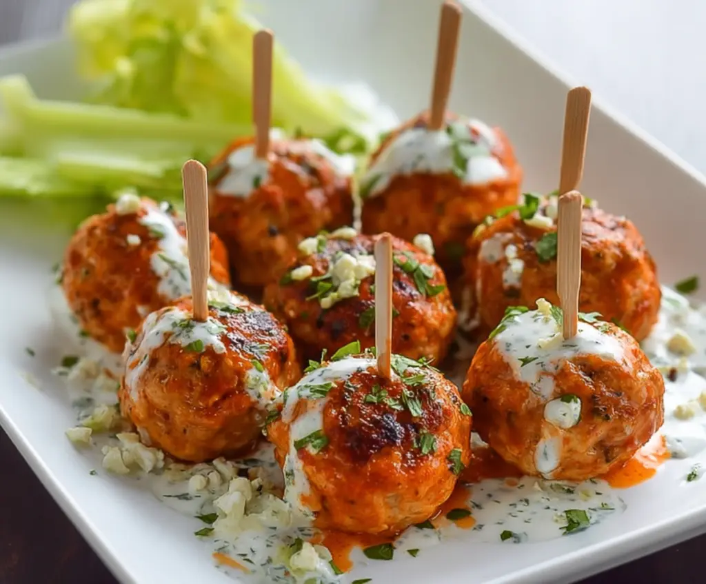 Savory buffalo chicken meatballs served with spicy buffalo sauce and fresh herbs.