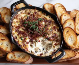 Creamy caramelized onion and crispy bacon dip served in a bowl, perfect for snacks and parties.