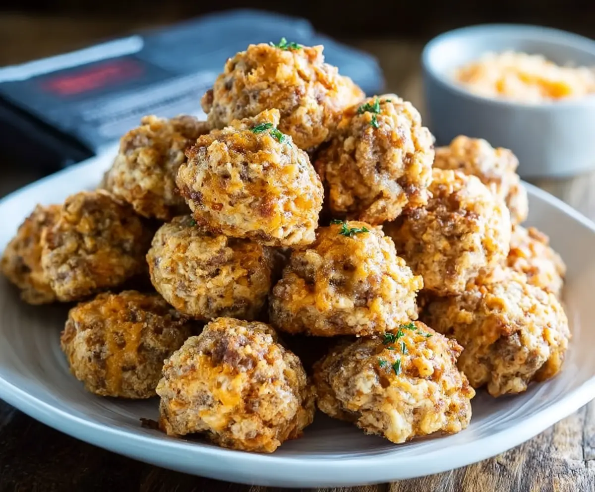 Cheddar Bay sausage balls on a serving plate with melted cheese and herbs