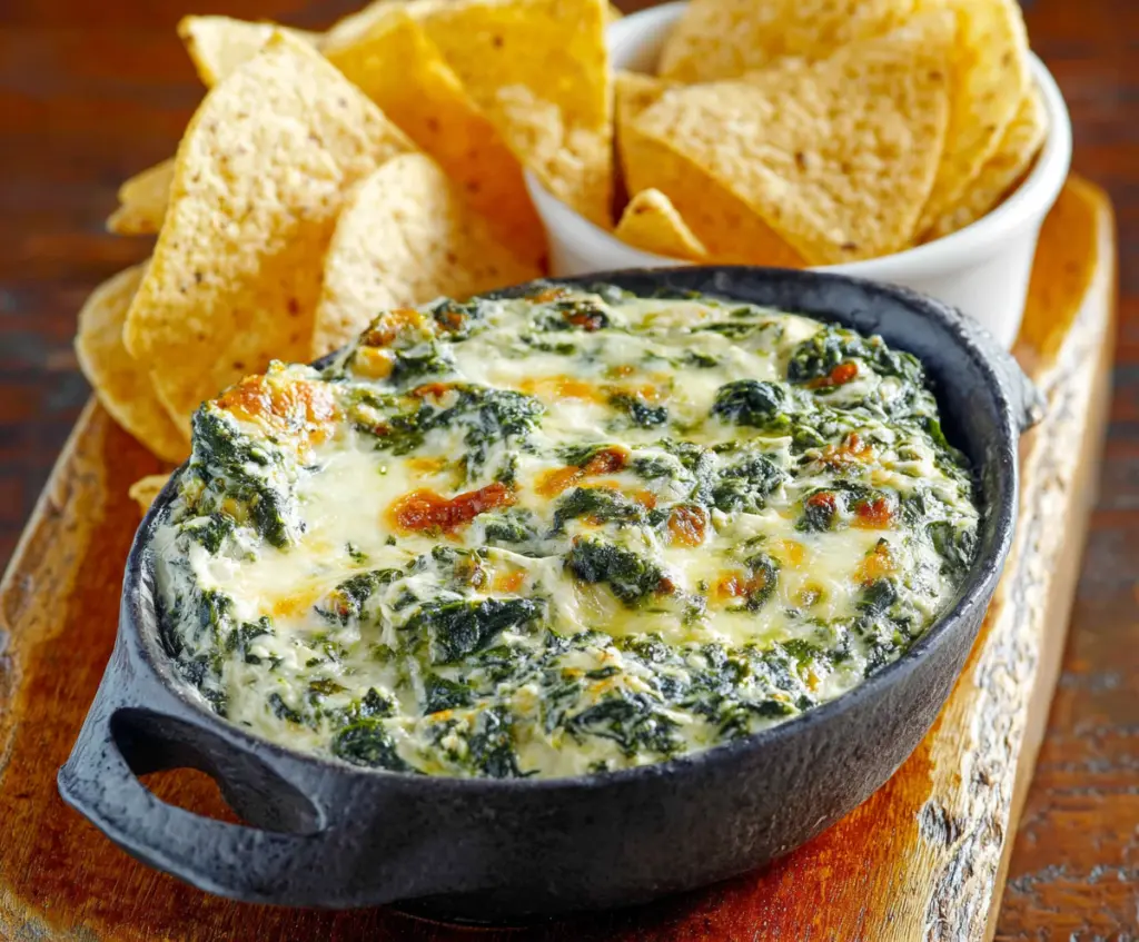 Delicious Cheddars Santa Fe Spinach Dip served with crispy chips, perfect for parties and gatherings.