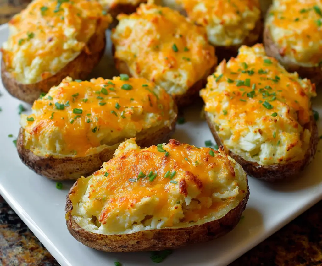Delicious cheesy twice baked potatoes topped with melted cheese and fresh herbs.
