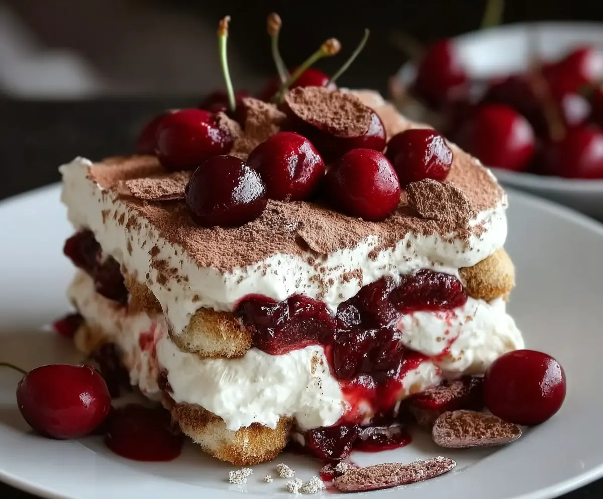 Delicious Cherry Amaretto Tiramisu dessert with layers of mascarpone and cherry topping