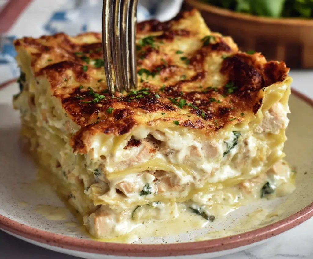 Delicious Chicken Alfredo Lasagna with creamy sauce and melted cheese