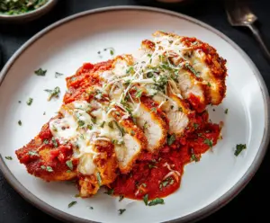 Juicy chicken Parmesan topped with melted cheese and fresh basil on a plate