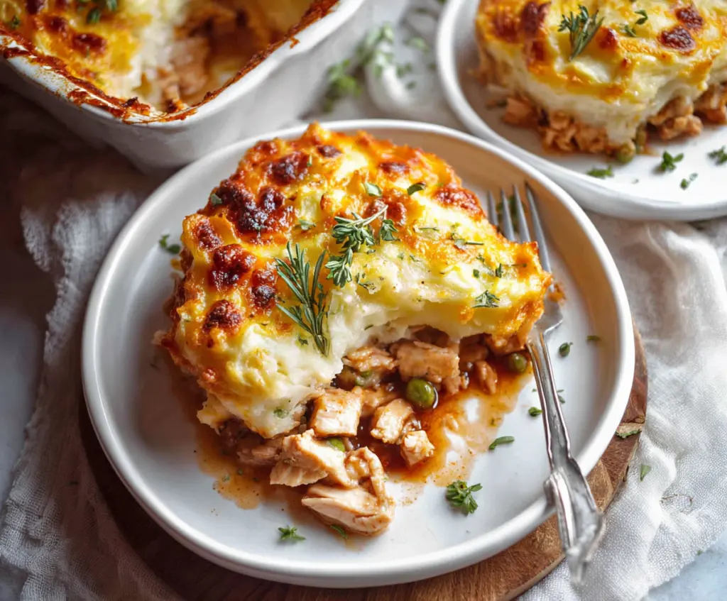 Delicious Chicken Shepherd's Pie topped with golden mashed potatoes and tender chicken filling.