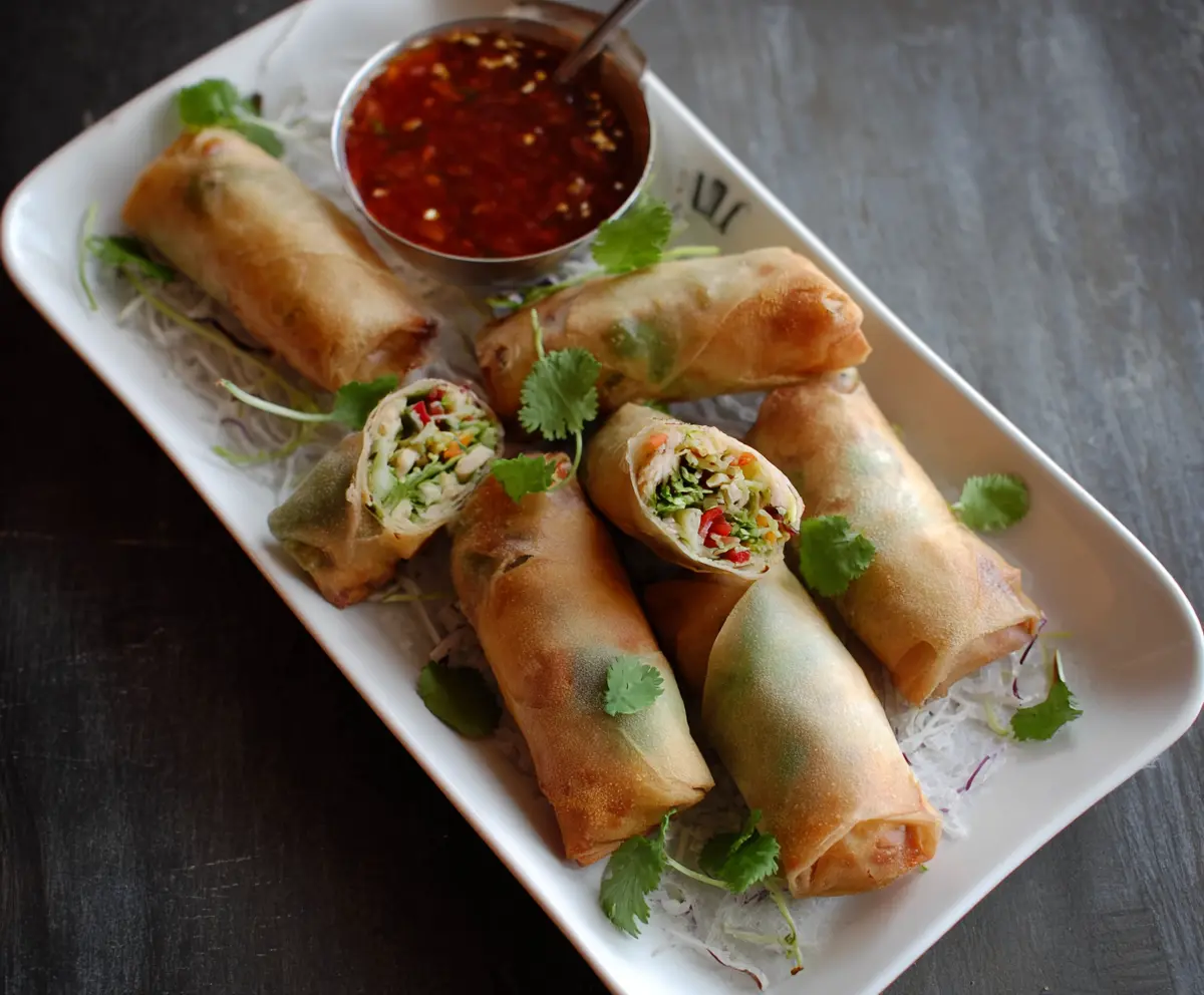 Delicious chicken and vegetable spring rolls served with dipping sauce.