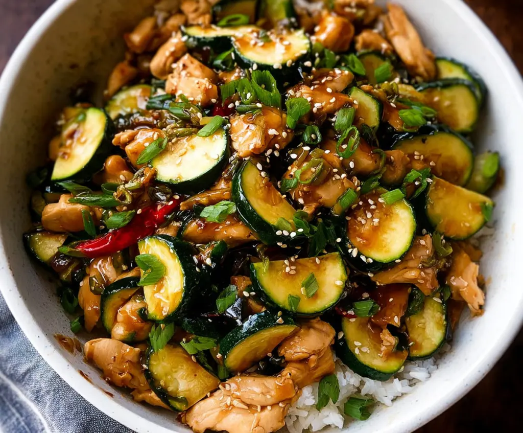 Delicious chicken zucchini stir fry with fresh vegetables and savory sauce on a white plate.