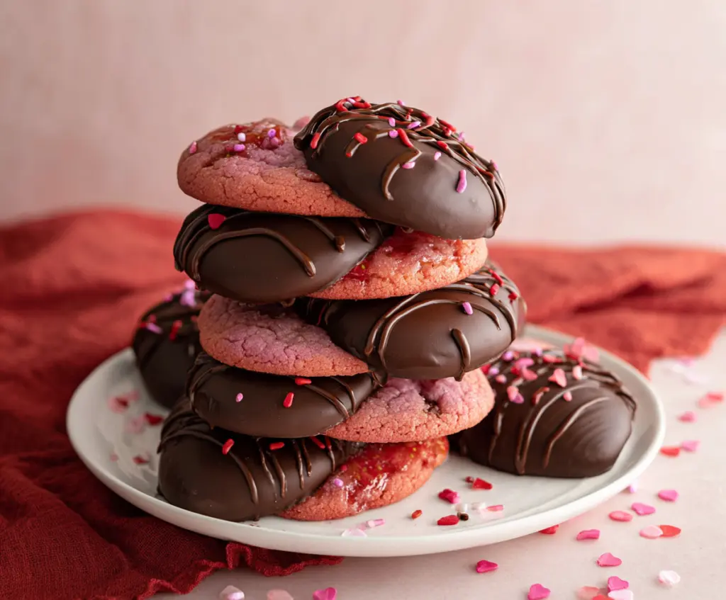 Delicious Chocolate Covered Strawberry Cookies on a white plate, showcasing shiny chocolate coating and fresh strawberries inside.