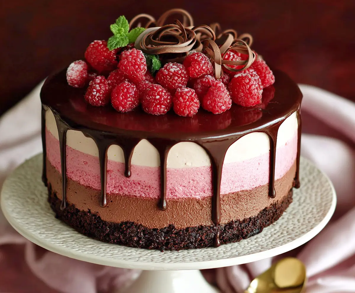Delicious Chocolate Raspberry Mousse Cake with rich layers and fresh raspberries on top