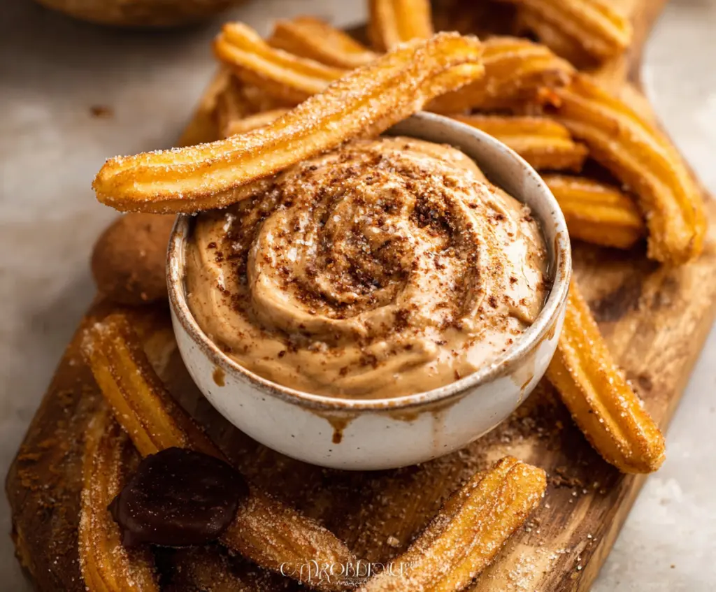 Delicious churro dip served with crispy churros for a sweet treat.
