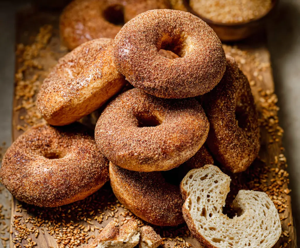 Freshly baked cinnamon bagels with a golden crust and sprinkled with cinnamon sugar.