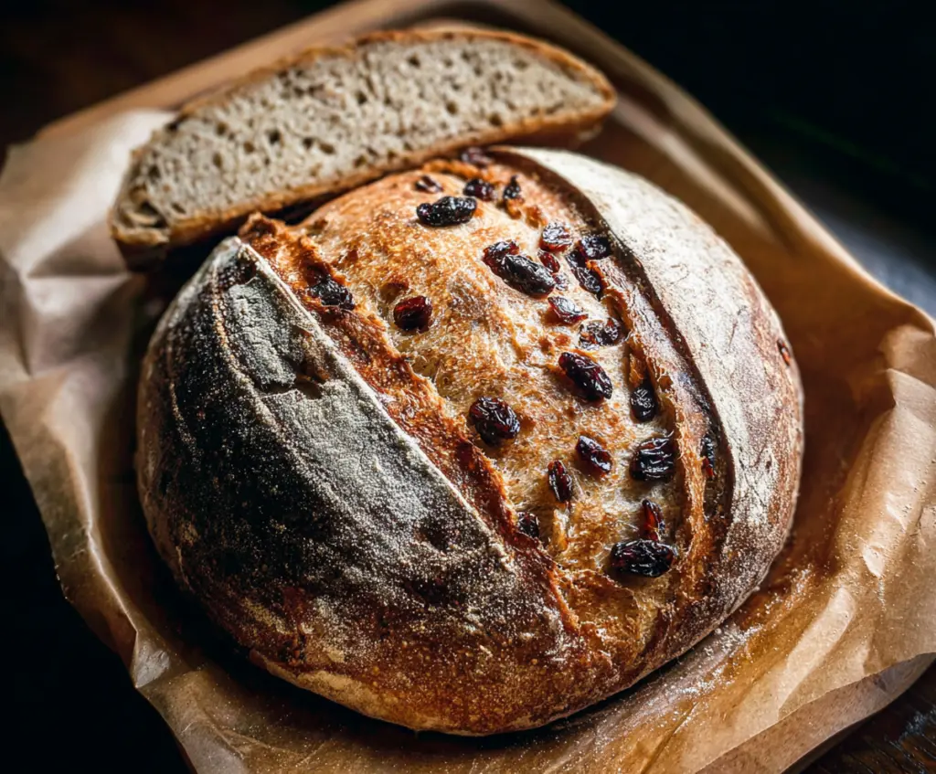 Crusty cinnamon raisin sourdough bread freshly baked with golden-brown crust and swirls of cinnamon and raisins inside.