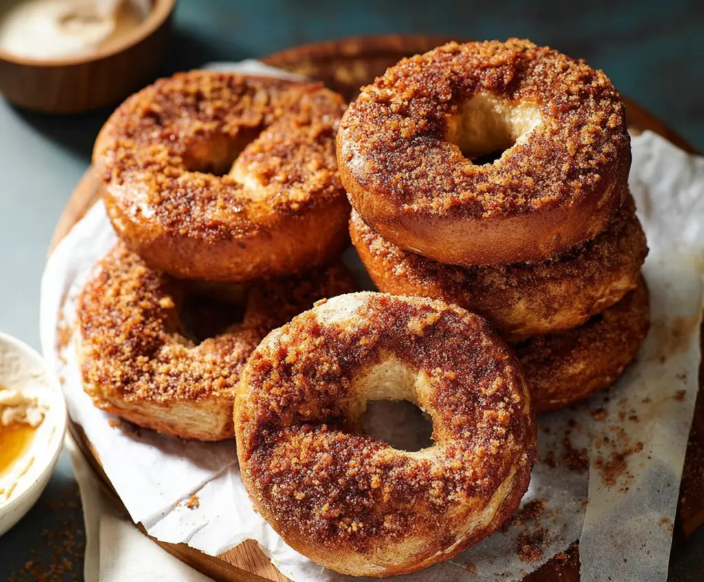 Golden cinnamon sugar crunch bagels topped with a sprinkle of cinnamon and sugar.