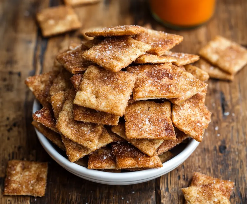 Cinnamon Sugar Sourdough Crackers arranged on a rustic wooden board with a sprinkle of cinnamon and sugar topping.