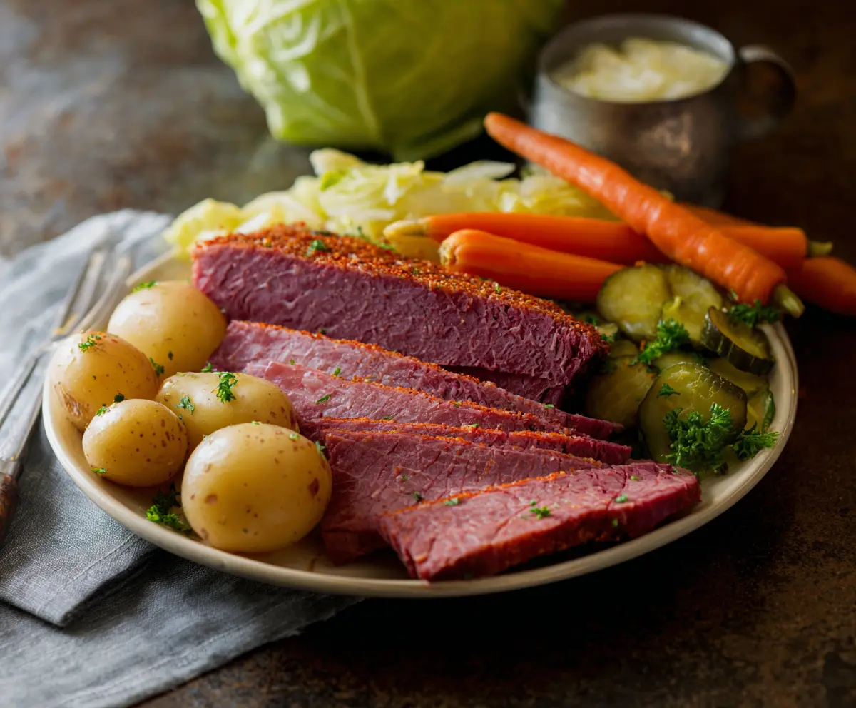 Delicious homemade corned beef and cabbage served with fresh vegetables.