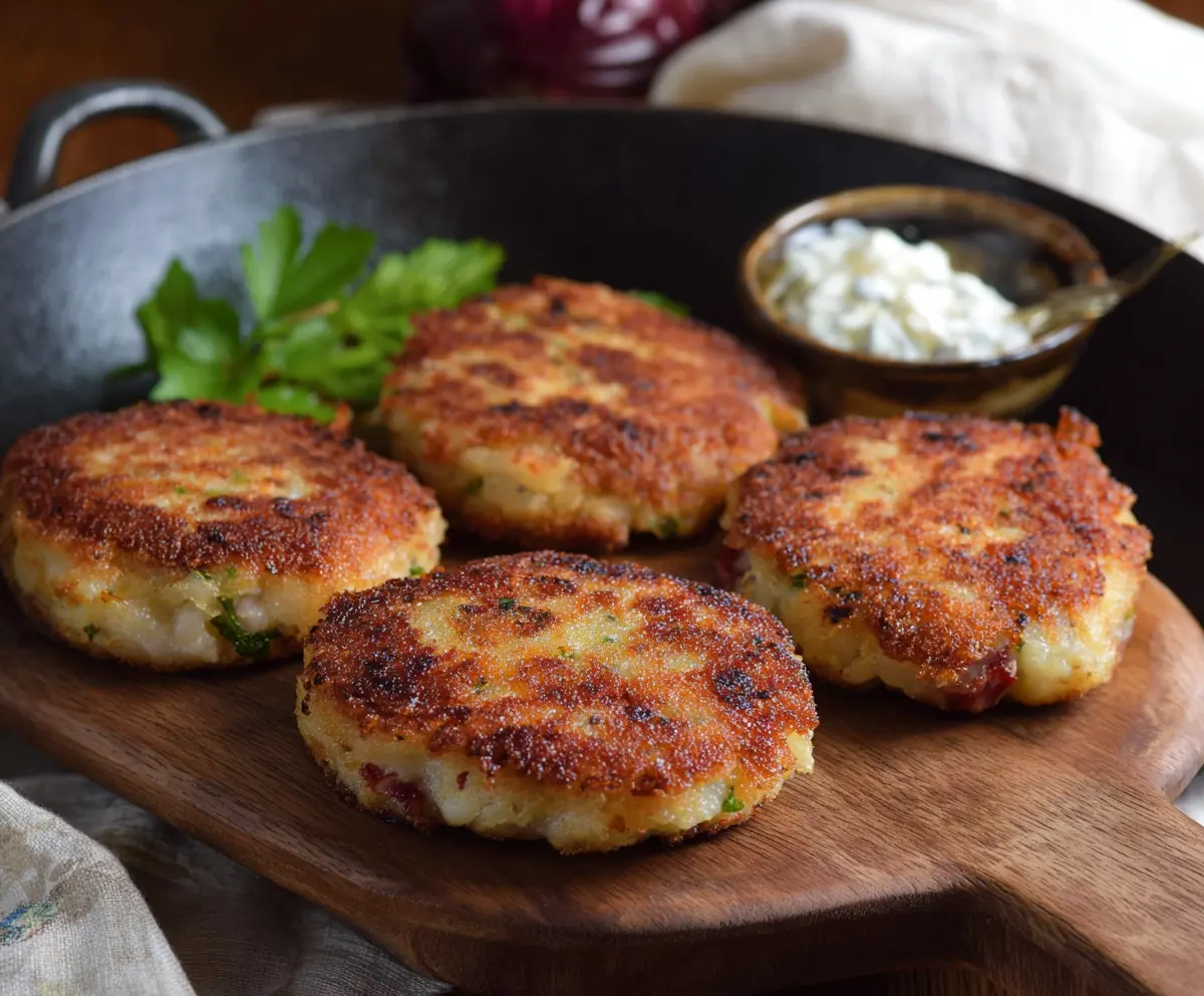 Delicious homemade Corned Beef and Potato Cakes served on a plate with fresh herbs.