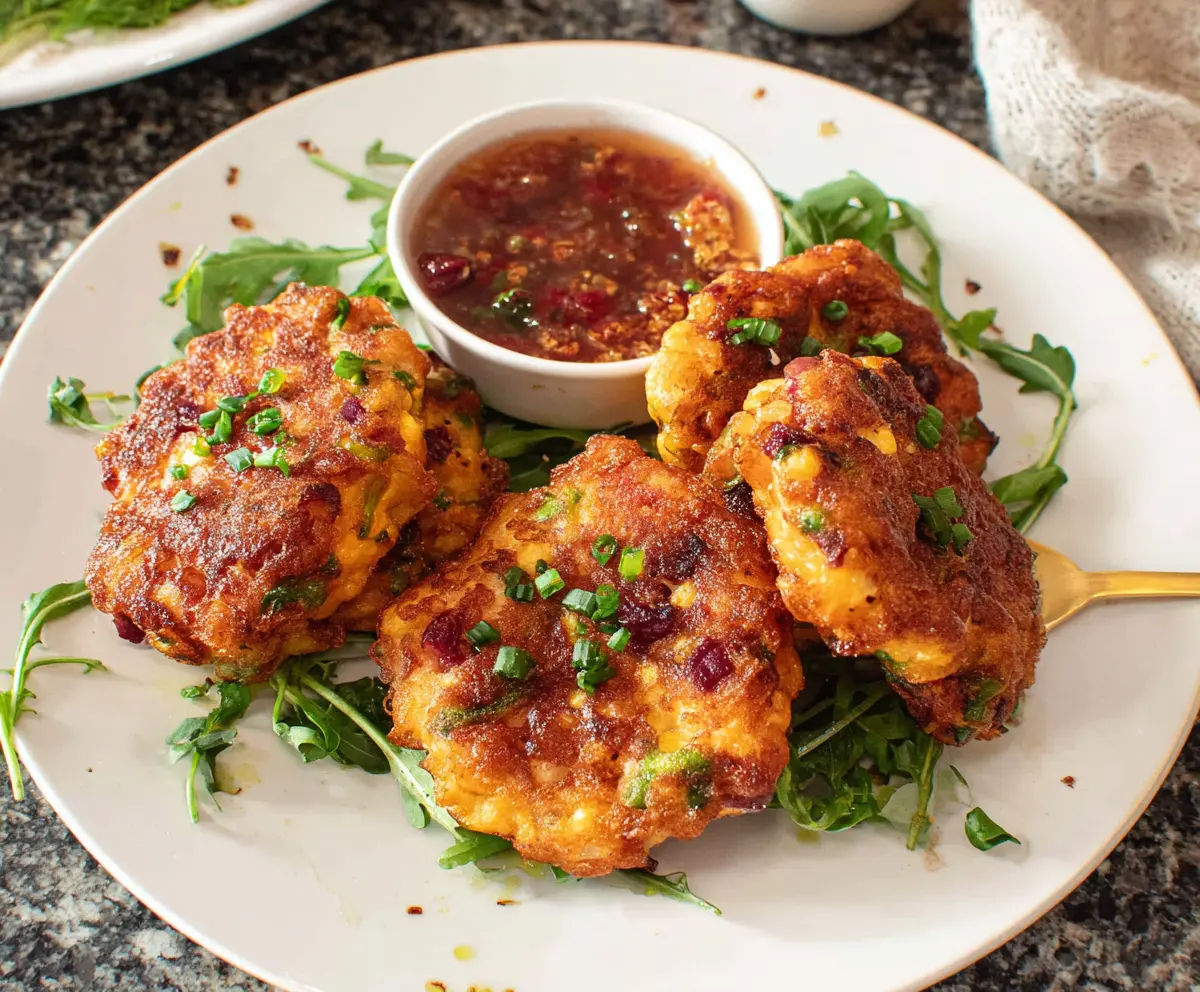 Golden crispy corned beef fritters served with a side of fresh greens.