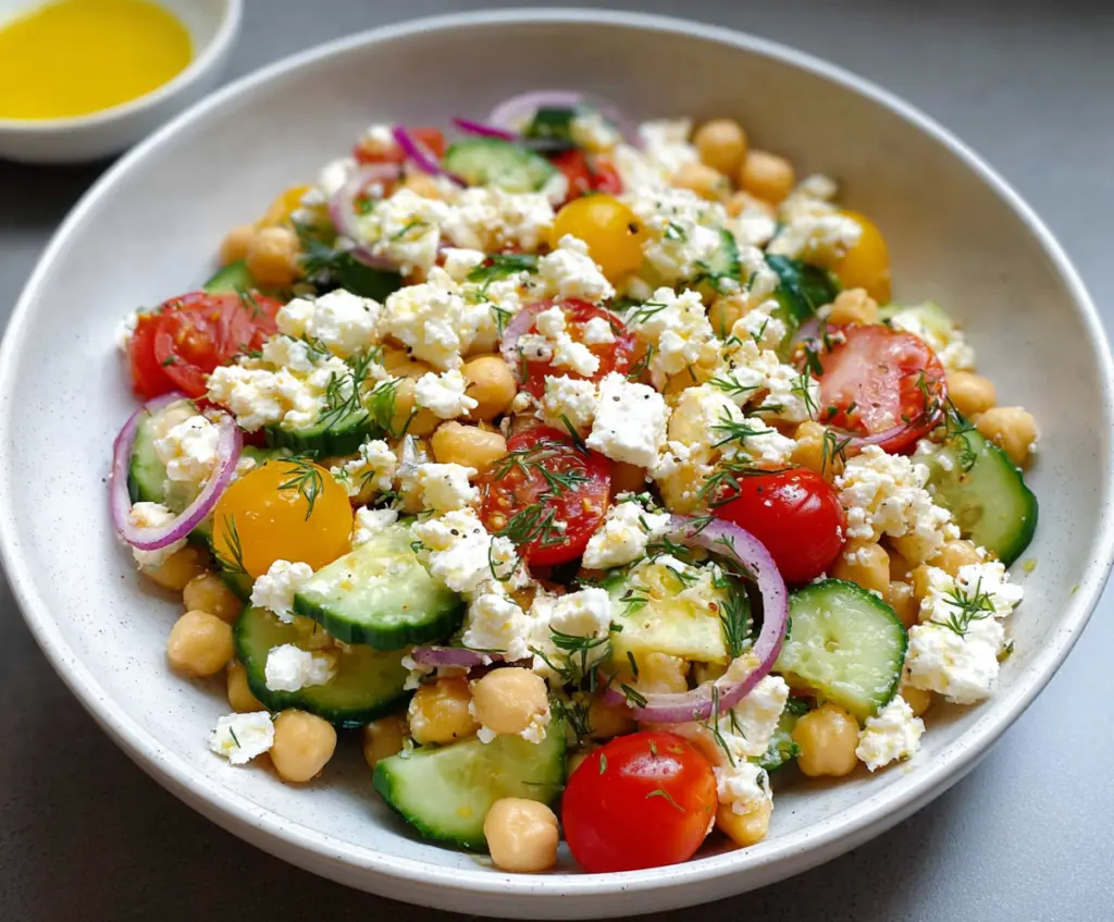Healthy cottage cheese and chickpea salad with fresh vegetables and herbs, perfect for a nutritious meal.