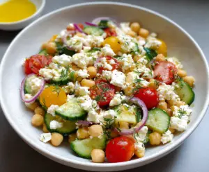 Healthy cottage cheese and chickpea salad with fresh vegetables and herbs, perfect for a nutritious meal.