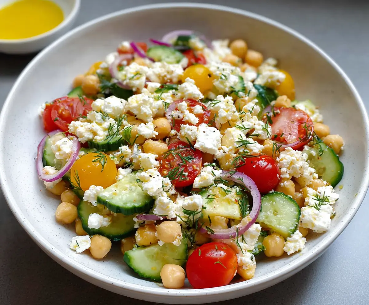 Healthy cottage cheese and chickpea salad with fresh vegetables and herbs, perfect for a nutritious meal.