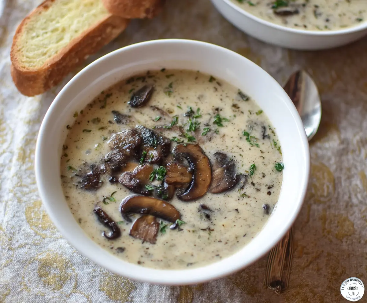 Creamy cottage cheese mushroom soup in a bowl, garnished with fresh herbs, perfect for a comforting meal.