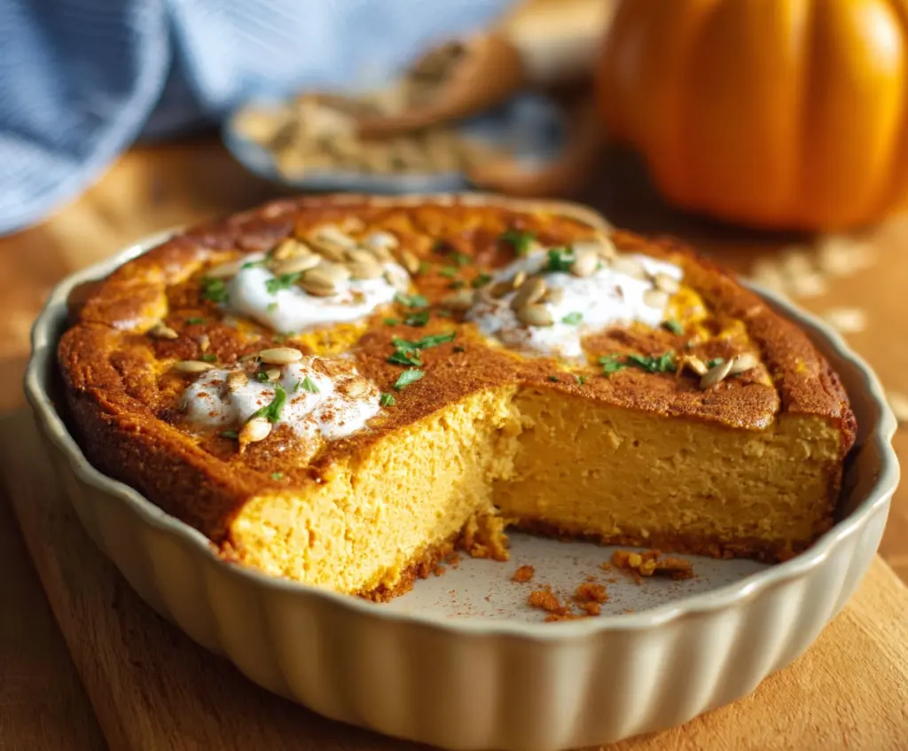 Delicious cottage cheese pumpkin bake in a baking dish, topped with cinnamon and nuts