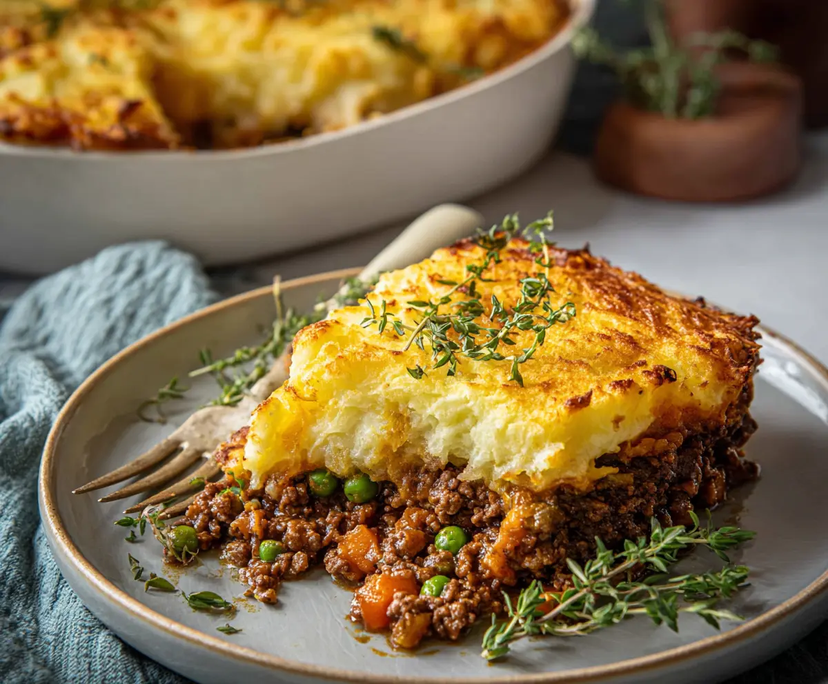 Delicious homemade cottage pie with seasoned ground beef and mashed potato topping