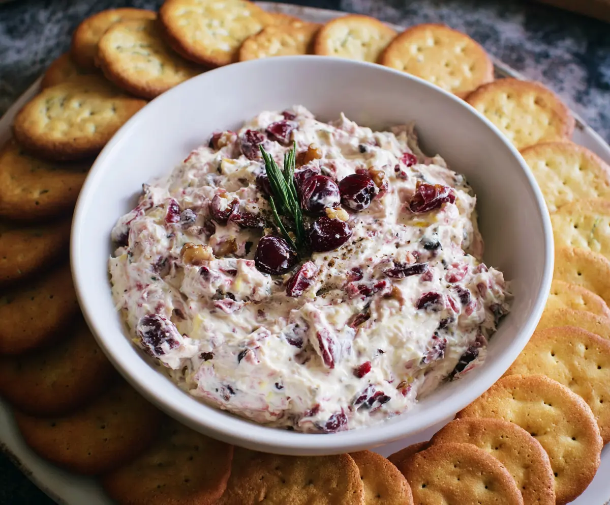 Creamy cranberry walnut cream cheese dip served with fresh crackers and garnished with cranberries and walnuts.